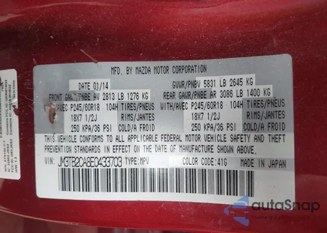 2014 Mazda Cx-9 Touring from USA, damaged, VIN JM3TB2CA8E0433703